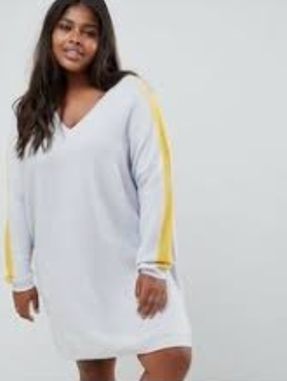 V-Neck Knit Sleeve Stripe Dress in White and Yellow - Picture 6 of 10
